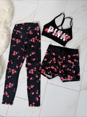 PINK Floral Active Set 3pcs - Black with HotPink Roses